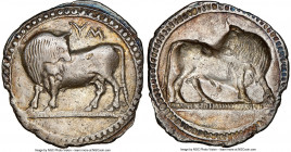 LUCANIA. Sybaris. Ca. 550-510 BC. AR stater or nomos (29mm, 7.24 gm, 12h). NGC (photo-certificate) Choice VF 5/5 - 3/5. Bull standing left, head right...