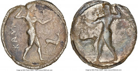 BRUTTIUM. Caulonia. Late 6th century BC. AR stater or nomos (29mm, 7.01 gm, 12h). NGC VF 5/5 - 2/5, scratches. KAVΛ, full-length figure of Apollo, nud...