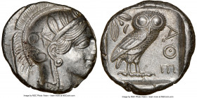 ATTICA. Athens. Ca. 440-404 BC. AR tetradrachm (24mm, 17.18 gm, 12h). NGC Choice AU 3/5 - 4/5. Mid-mass coinage issue. Head of Athena right, wearing c...