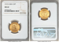 Republic gold 5 Pesos 1915 MS62 NGC, Philadelphia mint, KM19. AGW 0.2419 oz. 

HID09801242017

© 2020 Heritage Auctions | All Rights Reserved