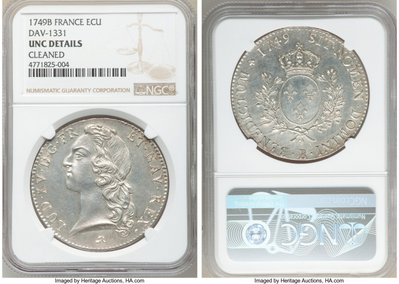 Louis XV Ecu 1749-B UNC Details (Cleaned) NGC, Rouen mint, KM512.3, Dav-1331. 
...