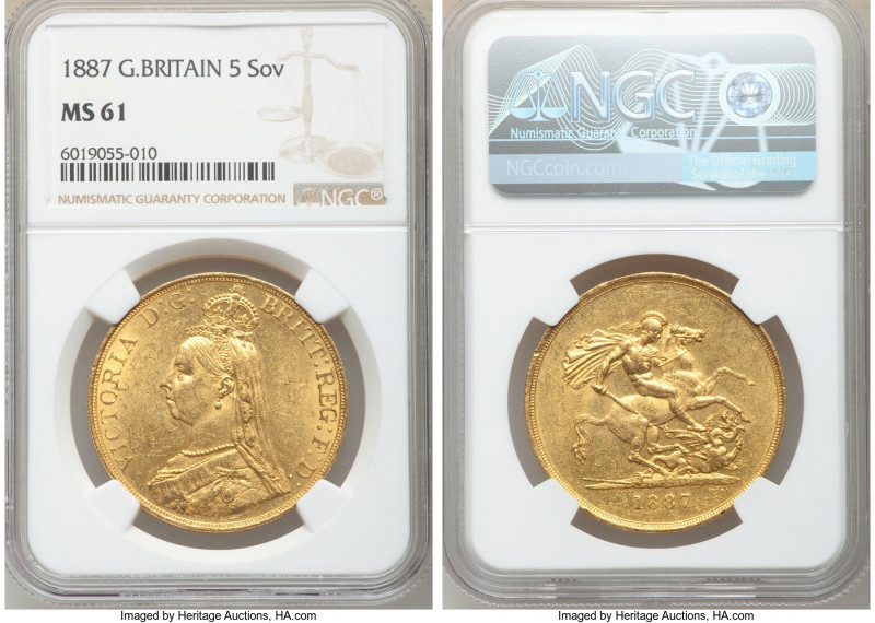 Victoria gold 5 Pounds 1887 MS61 NGC, KM769, S-3864. AGW 1.1775 oz. 

HID09801...