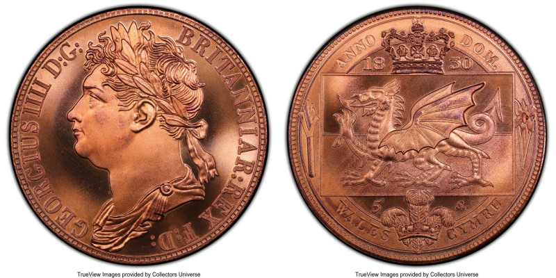 George IV copper INA Retro Fantasy Issue "Wales" Crown 1830-Dated MS68 Red PCGS,...