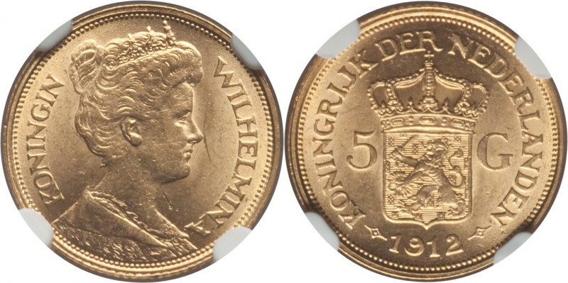 Wilhelmina gold 5 Gulden 1912 MS62 NGC, KM151. One-year type, conservatively gra...
