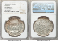 Charles III 8 Reales 1765 LM-JM AU Details (Obverse Repaired) NGC, Lima mint, KM-A64.2. Dot above one "L" in mintmark only. 

HID09801242017

© 20...