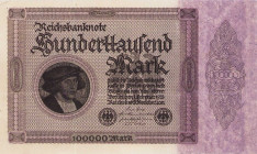 Deutsches Reich bis 1945
Geldscheine der Inflation 1919-1924 100.000 Mark 1.2.1923. Ohne Serie und ohne KN Ro. 82 II-III