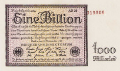 Deutsches Reich bis 1945
Geldscheine der Inflation 1919-1924 1 Billion Mark 5.11.1923. KN 6-stellig, FZ: AD und KN 8-stellig, Serie G Ro. 131 a, d 2 ...