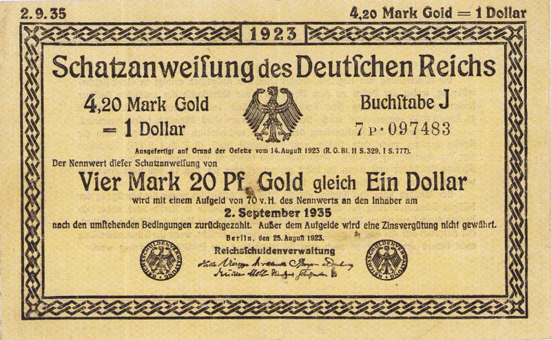 Deutsches Reich bis 1945
Schatzanweisung des Deutschen Reiches 4,20 Mark Gold =...