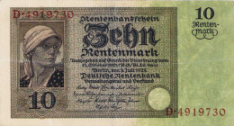 Deutsches Reich bis 1945
Deutsche Rentenbank 1923-1937 10 Rentenmark 3.7.1925. Serie D Ro. 163 Sehr selten. III-IV