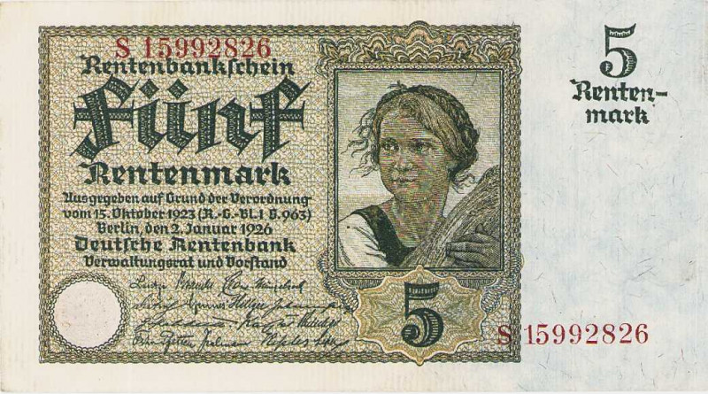Deutsches Reich bis 1945
Deutsche Rentenbank 1923-1937 5 Rentenmark 2.1.1926. S...