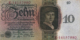 Deutsches Reich bis 1945
Deutsche Reichsbank 1924-1945 10 Reichsmark 11.10.1924. Serie F / E Ro. 168 b Selten. IV