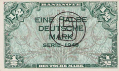 Bundesrepublik Deutschland
Bank deutscher Länder 1948-1949 1/2 DM 1948. Mit B-Stempel (II), mit B-Perforation (IV) und mit B-Stempel und B-Perforatio...