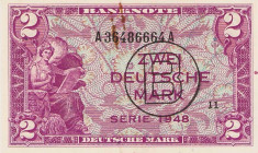 Bundesrepublik Deutschland
Bank deutscher Länder 1948-1949 2 DM 1948. Ohne und mit B-Stempel (Abdruck einer Büroklammer) Ro. 234 a, 235 a 2 Stück. Fa...