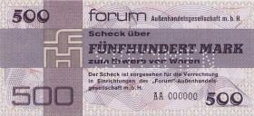 Deutsche Demokratische Republik
Forum-Außenhandelsgesellschaft 500 Mark 1979. Mit Perforation "SPECIMEN", Serie AA 000000 Ro. 373 M2 Sehr selten. I