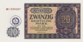 Deutsche Demokratische Republik
Militärgeld der Nationalen Volksarmee 20 DM 1955. Handstempel, Serie EH, Nr. 1326287 Sehr selten. I-