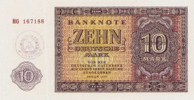 Deutsche Demokratische Republik
Militärgeld der Nationalen Volksarmee 10 DM 1955. Handstempel, Serie EA, Nr. 167188 Ro. 375 a Sehr selten. I-