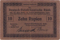 Geldscheine der deutschen Kolonien
Deutsch-Ostafrika, Deutsch-Ostafrikanische Bank, Kriegsausgaben 1915/16 - Interims-Banknoten 10 Rupien 1.10.1915. ...