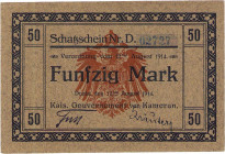 Geldscheine der deutschen Kolonien
Kamerun 50 Mark 12.8.1914. Schatzschein des Kaiserlichen Gouvernement von Kamerun Ro. 963 b Selten. I-