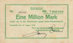 Städte und Gemeinden
Rudolstadt (Thür.) 1 Million Mark 15.8.1923. Platzanweisung - Filiale der Schwarzburgischen Landesbank zu Sondershausen in Rudol...