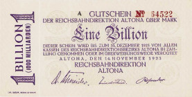 Das Papiergeld der deutschen Eisenbahnen und der Reichspost Reichsbahn
RBD Alltona 1 Billion Mark 14.11.1923 bis 31.12.1923. 3 Scheine - Serie E, G, ...