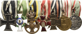 Ordensspangen
Spange mit 7 Auszeichnungen Preußen - Eisernes Kreuz 1914 2. Klasse. Sachsen - Albrechts-Orden, Ritterkreuz (Rv. kl. Emaillefehler). Sa...
