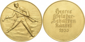 Drittes Reich
 Vergoldete Bronzegussmedaille 1933 (Glöckler) Heeresmeisterschaften in Kassel - 1. Platz. Soldat wirft eine Handgranate / 5 Zeilen Sch...