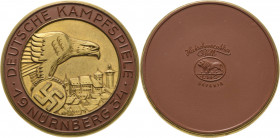 Drittes Reich
 Braune Porzellanmedaille 1934 (Hutschenreuther) Preismedaille der Stadt Nürnberg bei den Deutschen Kampfspielen. Adler mit Scheibe vor...