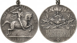 Erster Weltkrieg
 Silbermedaille 1914 (BHM) "Gott mit uns". Reiter in mittelalterlicher Rüstung nach rechts / Kissen mit Kaiserisignien, darunter gek...