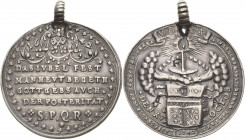 Reformation-Ereignisse und Jubiläen
 Silbergussmedaille 1642. 100 Jahre Reformation in Regensburg. 5 Zeilen Schrift unter Stadtwappen / V.D.M.I.A. au...