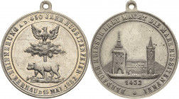 Reformation-Ereignisse und Jubiläen
 Verzinnte Bronzemedaille 1882. 450 Jahre Vertreibung der Hussiten in Bernau. Stadtwappen / Stadtmauer. 36 mm, 16...