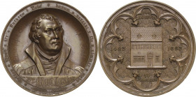 Reformation-Ereignisse und Jubiläen
 Bronzemedaille 1883 (W. Uhlmann/O. Schultz) 400. Geburtstag. Brustbild Martin Luther halbrechts im vertieften Fe...