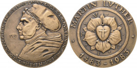 Reformation-Ereignisse und Jubiläen
 Bronzemedaille 1983. 500. Geburtstag Martin Luther. Brustbild nach links / Lutherrose. 65 mm, 106,78 g Brozatus ...