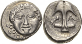 Thrakien Apollonia Pontika
 Drachme 4. Jhd. v. Chr. Gorgokopf / Anker zwischen Flusskrebs und A BMC 7 SNG Cop. 454 2.81 g. Sehr schön+