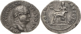 Kaiserzeit
Vespasian 69-79 Denar 75, Rom Kopf mit Lorbeerkranz nach rechts, CAESAR VESPASIANVS AVG / Pax mit Zweig n. links sitzend, PON MAX TR P COS...