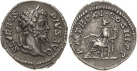 Kaiserzeit
Septimius Severus 193-211 Denar 203, Rom Kopf mit Lorbeerkranz nach rechts, SEVERVS PIVS AVG / Fortuna sitzt nach links, PM TR P XI COS II...