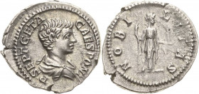 Kaiserzeit
Geta Caesar 198-209 Denar 200/202, Rom Brustbild nach rechts, P SEPT GETA CAES PONT / Nobilitas steht mit Zepter und Palladium nach rechts...