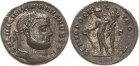 Kaiserzeit
Galerius Caesar 293-305 Follis 297/298, Alexandria Kopf mit Lorbeerkranz nach rechts, GAL VAL MAXIMIANVS NOB CAES / Genius opfert nach lin...