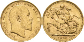 Australien
Edward VII. 1901-1910 Sovereign 1903, M-Melbourne Schlumberger 489 Friedberg 33 GOLD. 7.97 g. Sehr schön-vorzüglich