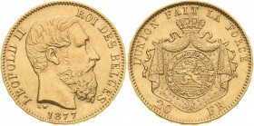 Belgien-Königreich
Leopold II. 1865-1909 20 Francs 1877, Brüssel Schlumberger 25 Friedberg 412 GOLD. 6.43 g. Fast Stempelglanz
