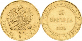Finnland
Alexander III. 1881-1894 10 Markkaa 1882, S-Helsinki Friedberg 5 Schlumberger 8 Bitkin 229 GOLD. 3.22 g. Kl. Randfehler, vorzüglich/fast vor...
