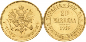 Finnland
Nikolaus II. 1894-1917 20 Markkaa 1913, S-Helsinki Friedberg 3 Schlumberger 14 Bitkin 391 GOLD. 6.45 g. Revers kl. Kratzer, vorzüglich-präge...