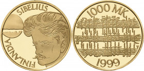 Finnland
Republik seit 1917 1000 Markkaa 1999, Helsinki Jean Sibelius. In Originalkapsel KM 90 Friedberg 12 GOLD. 8.69 g. Polierte Platte
