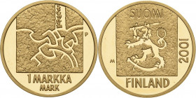 Finnland
Republik seit 1917 Markka 2001. Ende Markka Währung. In Originaletui mit Zertifikat KM 95 Friedberg 14 GOLD. 8.46 g. Stempelglanz