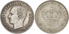 Griechenland
Georg I. 1863-1913 20 Lepta 1874, A-Paris Divo 56 a KM 44 Karamitsos 140 Prägefrisch