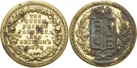 Großbritannien
Victoria 1837-1901 Bronzedose mit 4 kleinen Zinnmedaillen o.J. (1851) (A. Moore) Auf die Königin, Prince Albert und die Britische Hoff...
