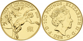 Großbritannien
Elisabeth II. seit 1952 100 Pounds 2016 Lunar Serie - Jahr des Affen GOLD. Auflagenhöhe: nur 8888 Exemplare. 31.10 g. Prägefrisch
