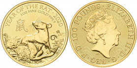 Großbritannien
Elisabeth II. seit 1952 100 Pounds 2020 Lunar Serie - Jahr der Maus / Ratte GOLD. Auflagenhöhe: nur 8888 Stück. 31.10 g. Prägefrisch...