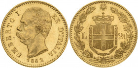 Italien-Königreich
Umberto I. 1878-1900 20 Lire 1882, R-Rom Montenegro 16 CNI 9 KM 21 Friedberg 21 Schlumberger 66 GOLD. 6.44 g. Fast Stempelglanz
