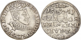 Polen
Sigismund III. Wasa 1587-1632 3 Gröscher 1591, Riga Kopicki 8186 Iger R.91.1 d Gumowski 1450 Kruggel/Gerbasefskis 8 Vorzüglich