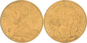 Rumänien
Karl I. 1866-1914 50 Lei 1906, Brüssel 40. Regierungsjubiläum Friedberg 6 Schlumberger 8 GOLD. 16.07 g. Min. Henkelspur, sehr schön